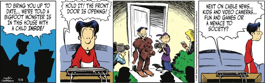 "To bring you up to date...we're told a Bigfoot monster is in this house with a child inside! Hold it! The front door is opening!"