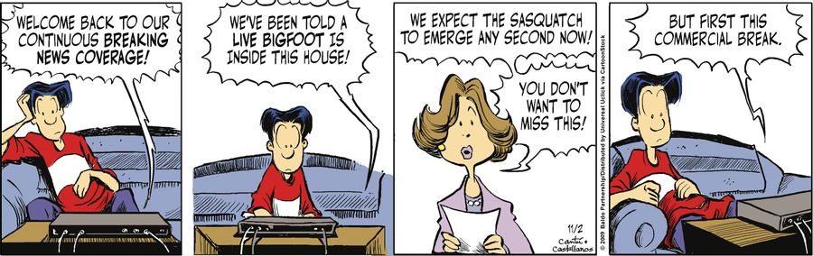 "Welcome back to our continuous breaking news coverage! We've been told a live Bigfoot is inside this house! We expect the sasquatch to emerge any second now! You don't want to miss this! But first this commercial break."