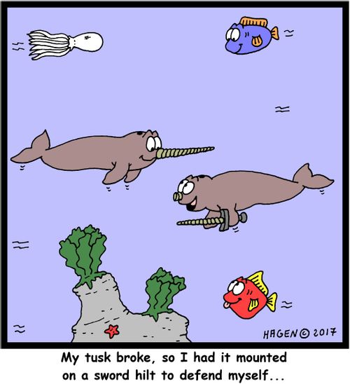"My tusk broke, so I had it mounted on a sword hilt to defend myself..."