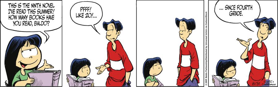 "This is the ninth novel I've read this summer! How many books have you read, Baldo?"