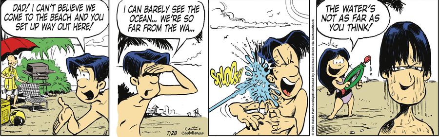 "Dad! I can't believe we come to the beach and you set up all the way out here! I can barely see the ocean...we're so far from the wa..."