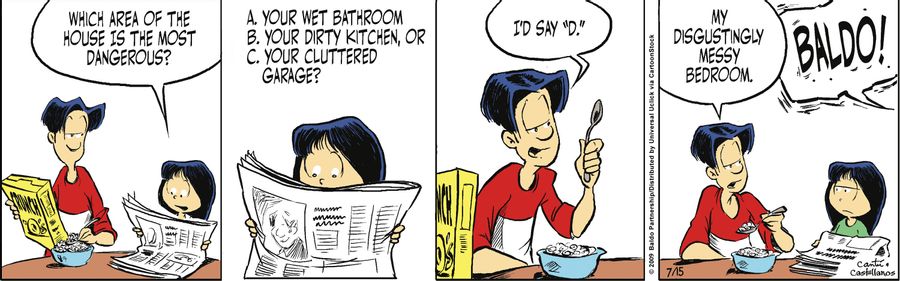 "Which area of the house is the most dangerous? A. Your wet bathroom, B. Your dirty kitchen, or C. Your cluttered garage?"