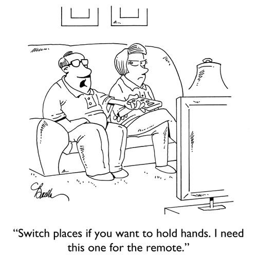 "Switch places if you want to hold hands. I need this one for the remote."