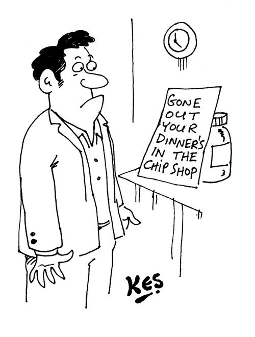 Man reads note: 'Gone out your dinner's in the chip shop'.