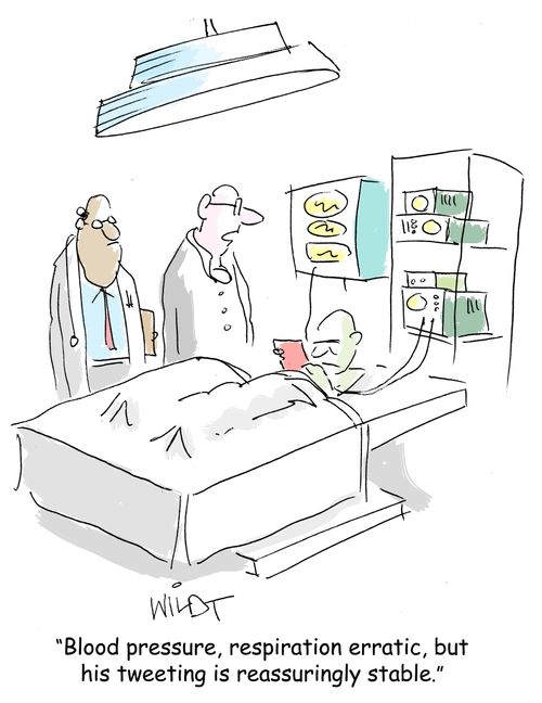 "Blood pressure, respiration erratic, but his tweeting is reassuringly stable."