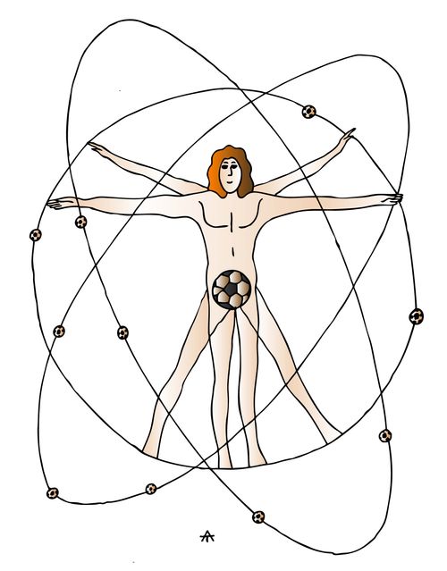Leonardo's Vitruvian Man redrawn with footballs.