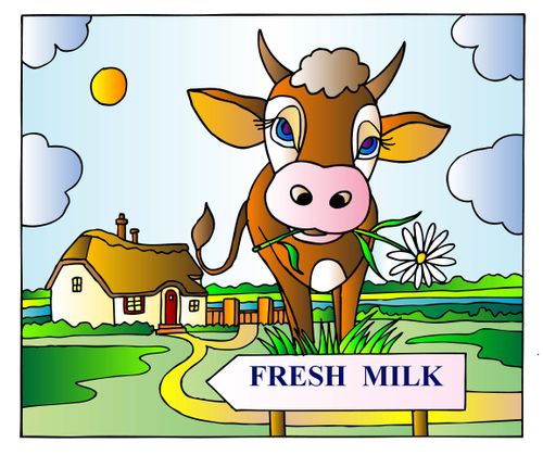 A cow stands at a farm selling fresh milk.