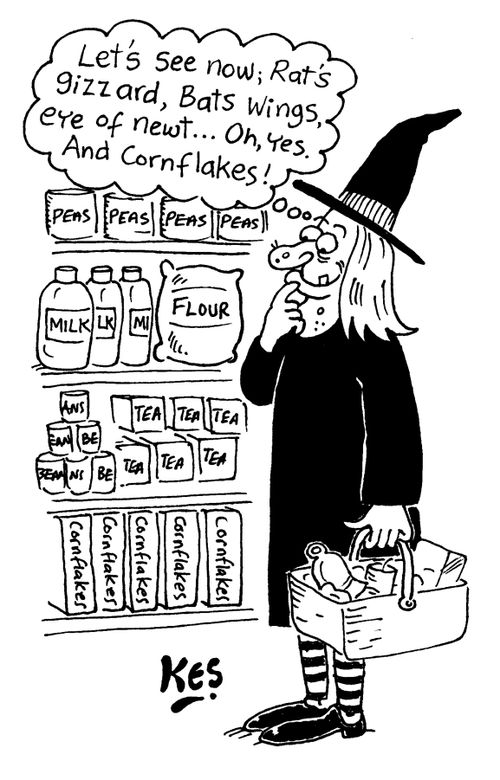 "Let's see now; rat's gizzard, bats wings, eye of newt....oh, yes. And cornflakes!"