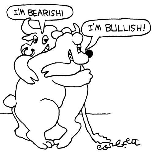 Wall street bull and bear hug.