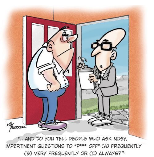 "....And do you tell people who ask nosy, impertinent questions to "P*** off" (A) Frequently (B) Very Frequently or (C) Always?"