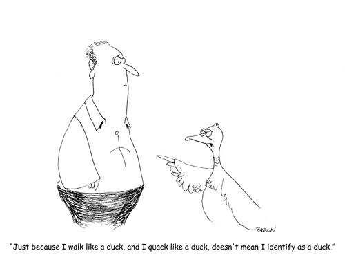 "Just because I walk like a duck, and I quack like a duck, doesn't mean I identify as a duck."