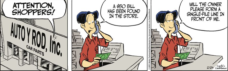 "Attention shoppers! A $50 bill has been found in the store. Will the owner please form a single-file line in front of me."