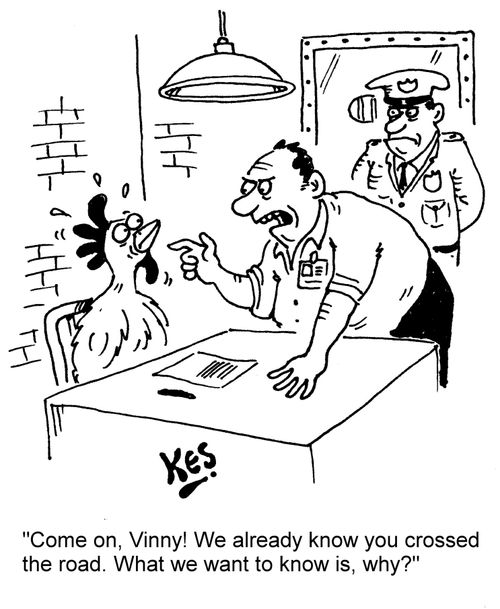 "Come on, Vinny! We already know you crossed the road. What we want to know is, why?"