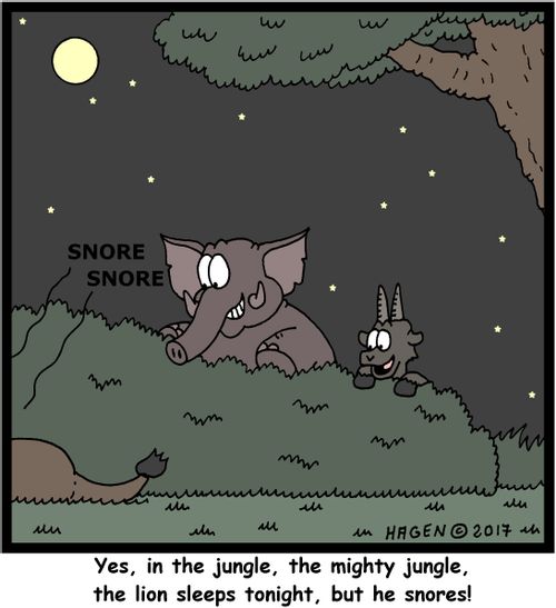 "Yes, in the jungle, the mighty jungle, the lion sleeps tonight, but he snores!"