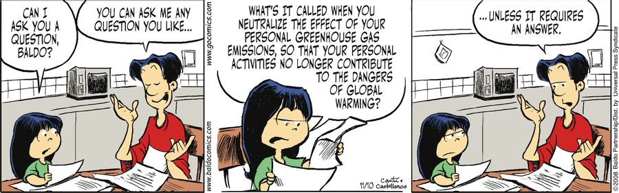 "What's it call when you neutralize the effect of your personal greenhouse gas emissions, so that your personal activities no longer contribute to the dangers of global warming?"