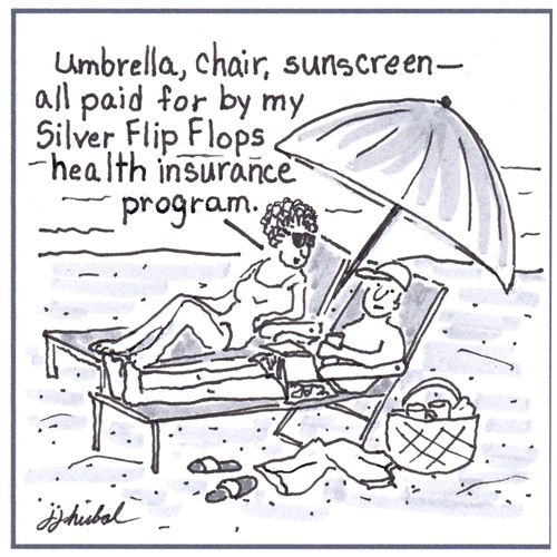 "Umbrella, chair, sunscreen - all paid for by my Silver Flip Flops health insurance program." 