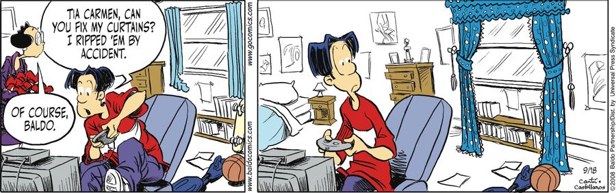 "Tia Carmen, can you fix my curtains? I ripped 'em by accident."