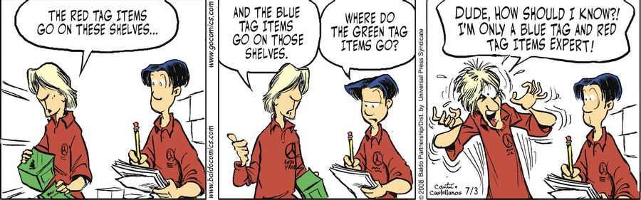 "The red tag items go on these shelves...and the blue tag items go on those shelves."