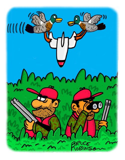 Ducks carrying bomb flying over hunters