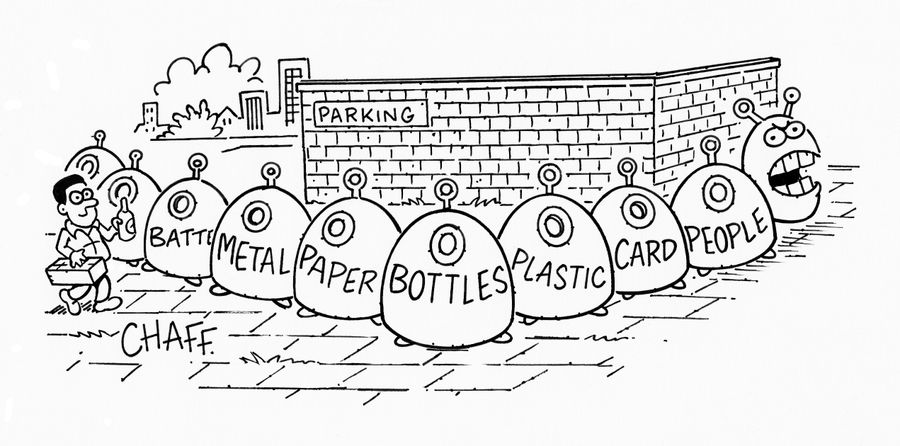 Alien disguised as a Recycling waste bin.