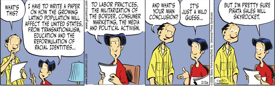 "I have to write a paper on how the growing Latino population will affect the United States, from transnationalism, education, and the reformulation of racial identities...to labor practices, the militarization of the border,, consumer marketing, the medi