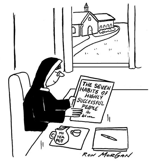 Nun reads book entitled The Seven Habits of Highly Successful People.