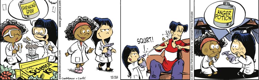 Gracie tries to invent a shrinking spray and squirts Baldo with it.