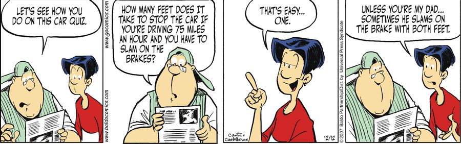 "Let's see how you do on this car quiz. How many feet does it take to stop the car if you're driving 75 miles an hour and you have to slam on the brakes?"