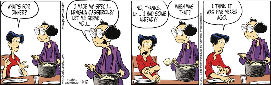 "I made my special lengua casserole! Let me serve you..."
