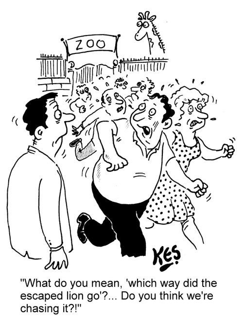 "What do you mean, 'which way did the escaped lion go'?... Do you think we're chasing it?!"