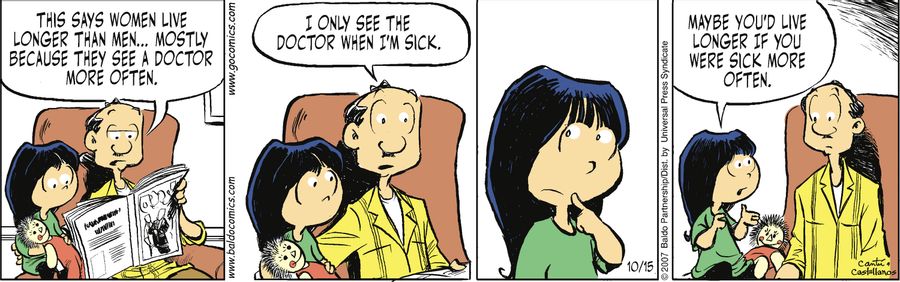 "This says women live longer than men...mostly because they see a doctor more often. I only see a doctor when I'm sick."