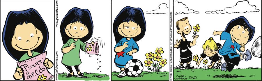 Gracie plants flowers and distracts boys with them while she plays soccer.