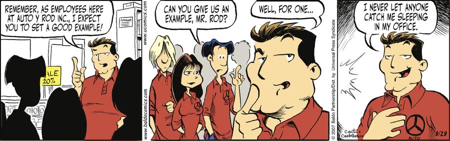 "Remember, as employees here at Auto y Rod Inc., I expect you to set a good example!"