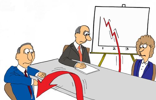 Business cartoon showing sales declining so much that they bounce off the floor.