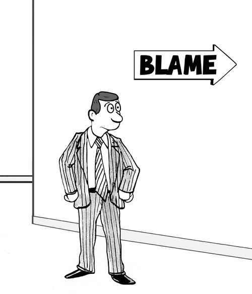 Business cartoon showing a business man headed toward 'blame'.