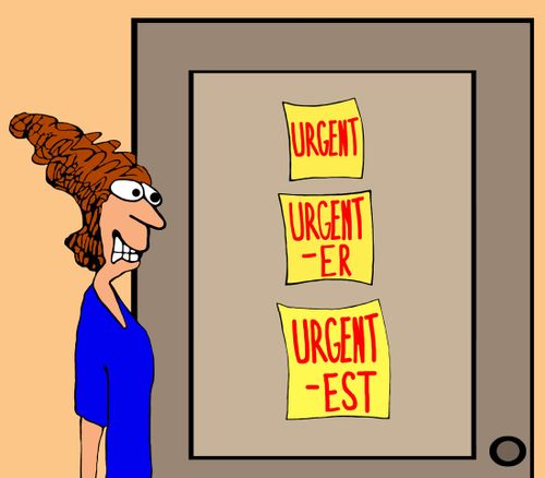 Business cartoon showing a stressed business woman who has three urgent messages on her office door.