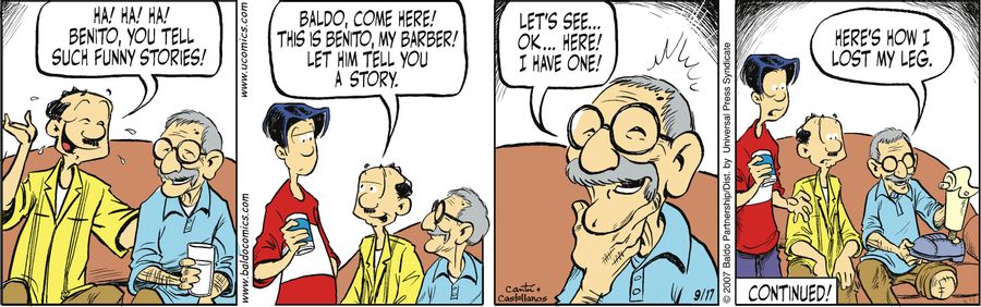 "Baldo, come here! This is Benito, my barber! Let him tell you a story."