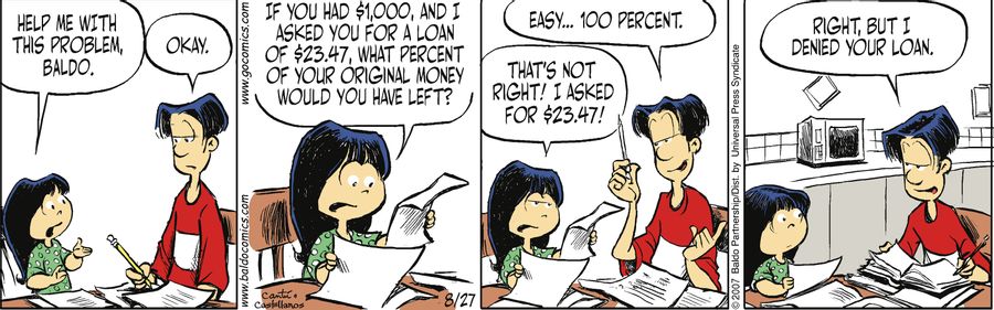 "If you had $1,000, and I asked you for a loan of $23.47, what percent of your original money would you left?"