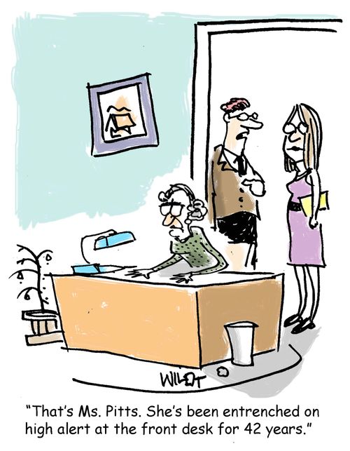 "That's Ms Pitt. She's been entrenched on high alert at the front desk for 42 years."