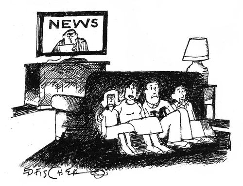 A family hides from the TV news report.