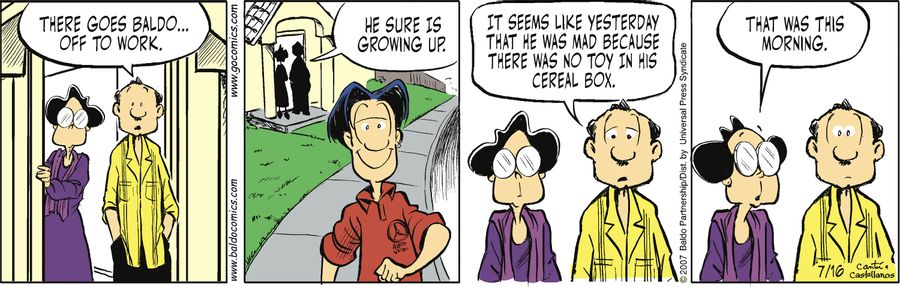 "There goes Baldo...off to work. He sure is growing up."