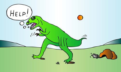 Dinosaur scared of a mouse.