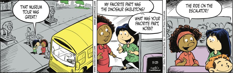"That museum tour was great! My favorite part was the dinosaur skeletons! What was your favorite part, Nora?"