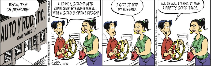 "Whoa, this is awesome! A 10-inch, gold-plated chain grip steering wheel...with a gold 3-spoke design!"