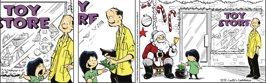 Gracie asks Papi for money in front of the toy store and gives it to charity.