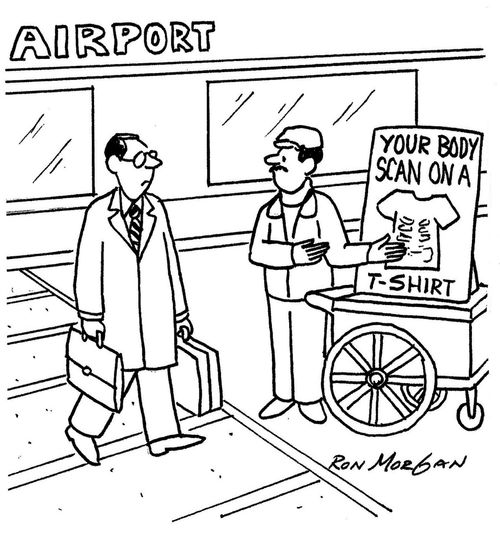 Man outside airport sells images of passengers' body scans on t-shirts.