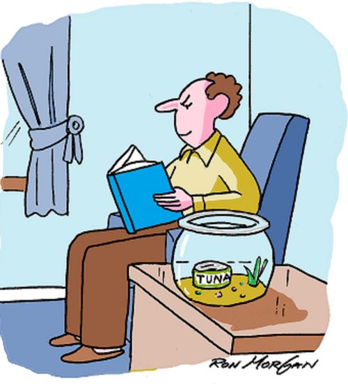 Man has a can of tuna in his fishbowl.