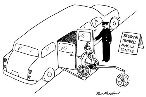Man leaving stretch limousine rides a stretch wheel chair.