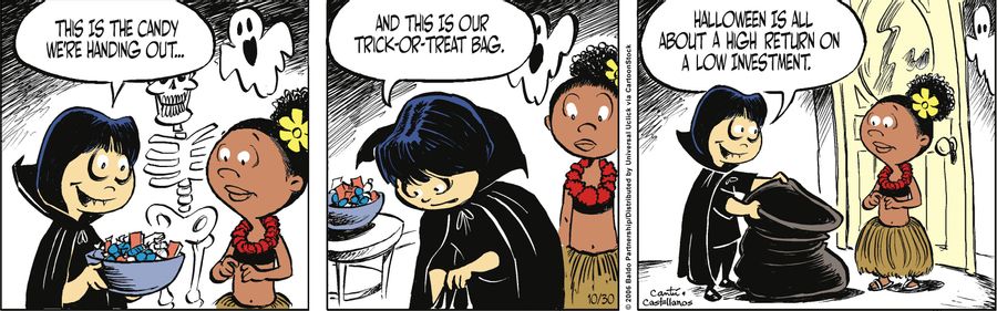 "This is the candy we're handing out...and this is our trick-or-treat bag. Halloween is all about a high return on a low investment."