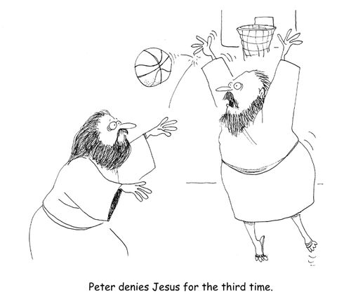 Peter denies Jesus for the third time.